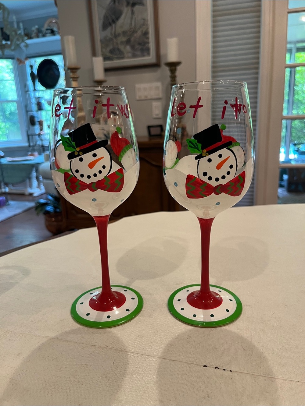 Hand painted Red & Green Holiday Snowman Wine Glasses. Set of 2